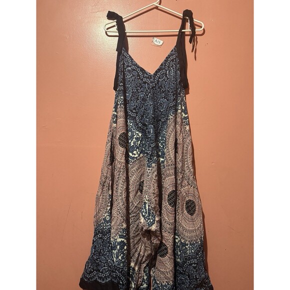 Womens Boho Romper XL Extra Large Blue Red Sleeveless Wide Leg V Neck Loose Fit - Picture 1 of 10
